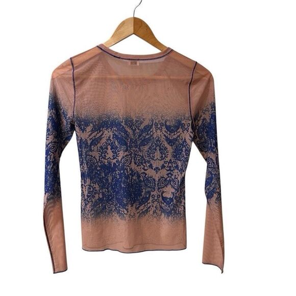 ARITZIA WILFRED Nude Beige Blue Sheer Printed Mesh Long Sleeve Top Medium - Picture 2 of 8